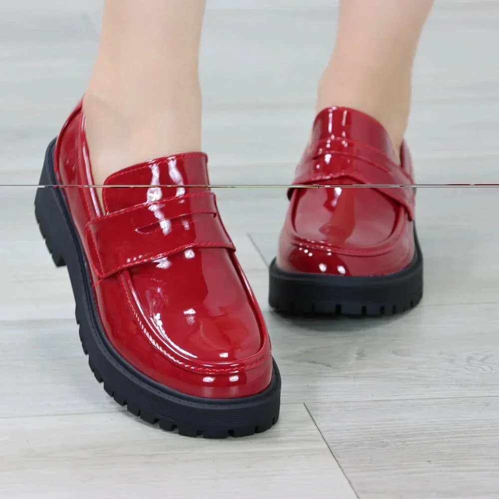 Womens Chunky Penny Loafer Lug Sole Slip On Platform Red Patent - Picture 10 of 16